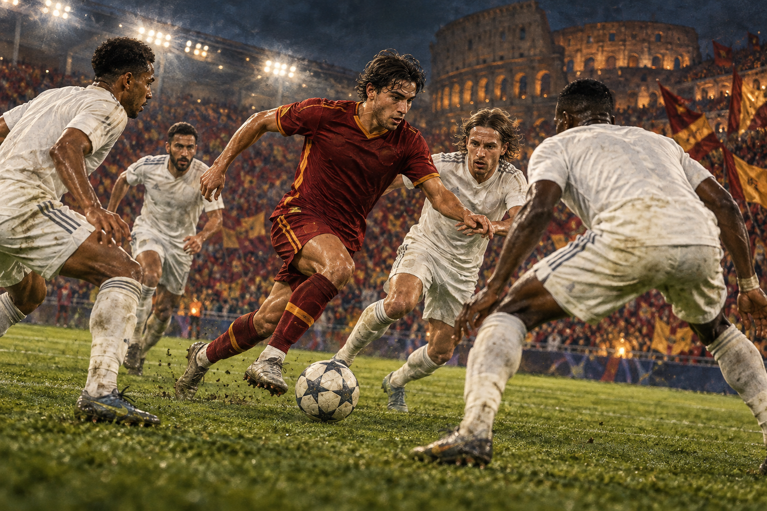 Editorial illustration for Roma vs Real Madrid preview